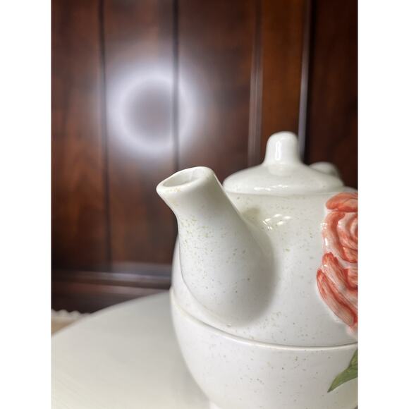 Rose And White Speckled Set Tea For One Teapot With Cup Set - Picture 5 of 8